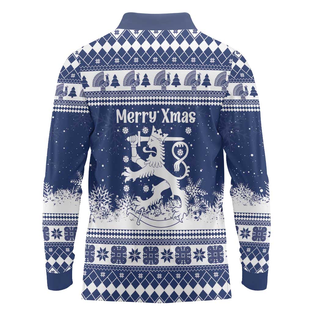 Finland Christmas Hannunvaakuna Long Sleeve Polo Shirt Hyvaa Joulua Nordic Snow Lion Blue Version - Wonder Print Shop