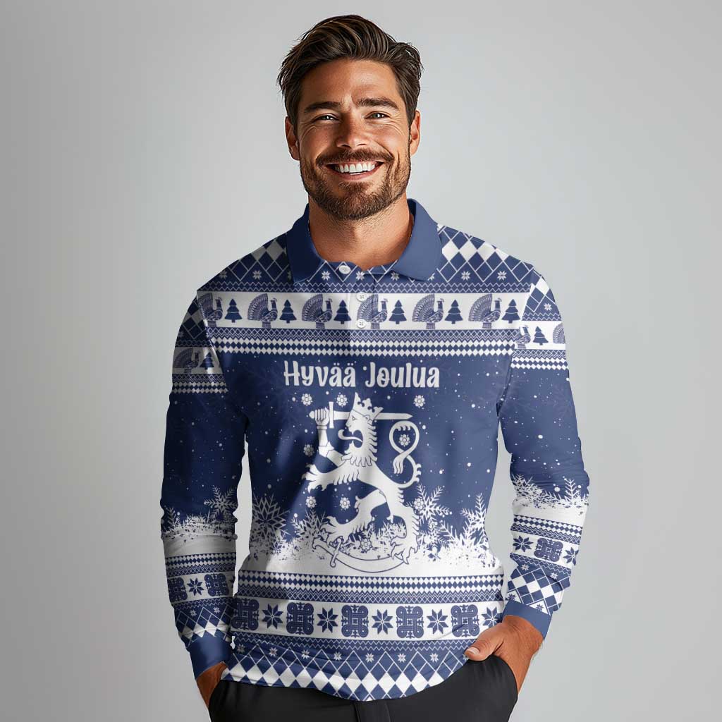 Finland Christmas Hannunvaakuna Long Sleeve Polo Shirt Hyvaa Joulua Nordic Snow Lion Blue Version - Wonder Print Shop