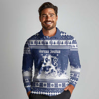 Finland Christmas Hannunvaakuna Long Sleeve Polo Shirt Hyvaa Joulua Nordic Snow Lion Blue Version - Wonder Print Shop