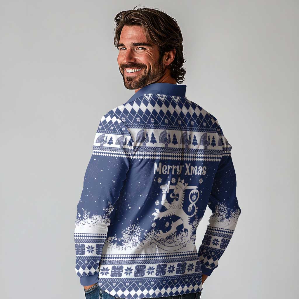 Finland Christmas Hannunvaakuna Long Sleeve Polo Shirt Hyvaa Joulua Nordic Snow Lion Blue Version - Wonder Print Shop