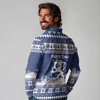 Finland Christmas Hannunvaakuna Long Sleeve Polo Shirt Hyvaa Joulua Nordic Snow Lion Blue Version - Wonder Print Shop
