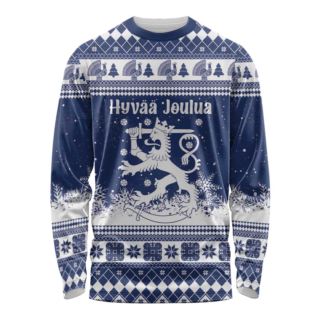 Finland Christmas Hannunvaakuna Long Sleeve Shirt Hyvaa Joulua Nordic Snow Lion Blue Version - Wonder Print Shop