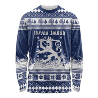 Finland Christmas Hannunvaakuna Long Sleeve Shirt Hyvaa Joulua Nordic Snow Lion Blue Version - Wonder Print Shop