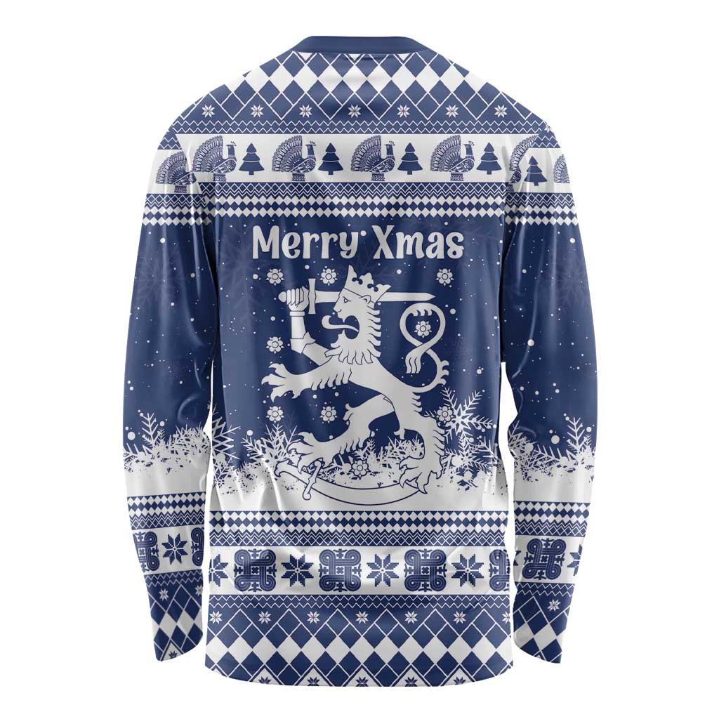 Finland Christmas Hannunvaakuna Long Sleeve Shirt Hyvaa Joulua Nordic Snow Lion Blue Version - Wonder Print Shop