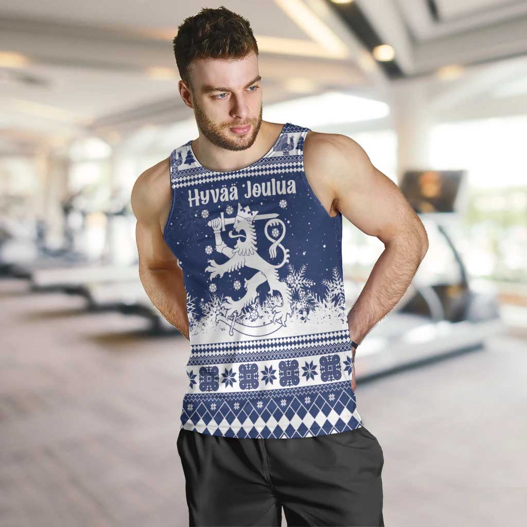 Finland Christmas Hannunvaakuna Men Tank Top Hyvaa Joulua Nordic Snow Lion Blue Version - Wonder Print Shop