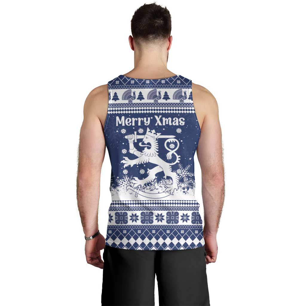 Finland Christmas Hannunvaakuna Men Tank Top Hyvaa Joulua Nordic Snow Lion Blue Version - Wonder Print Shop
