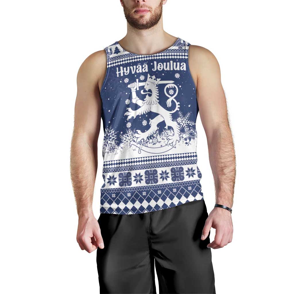Finland Christmas Hannunvaakuna Men Tank Top Hyvaa Joulua Nordic Snow Lion Blue Version - Wonder Print Shop