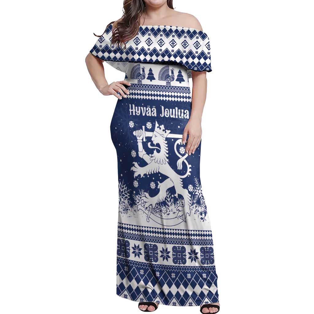 Finland Christmas Hannunvaakuna Off Shoulder Maxi Dress Hyvaa Joulua Nordic Snow Lion Blue Version - Wonder Print Shop