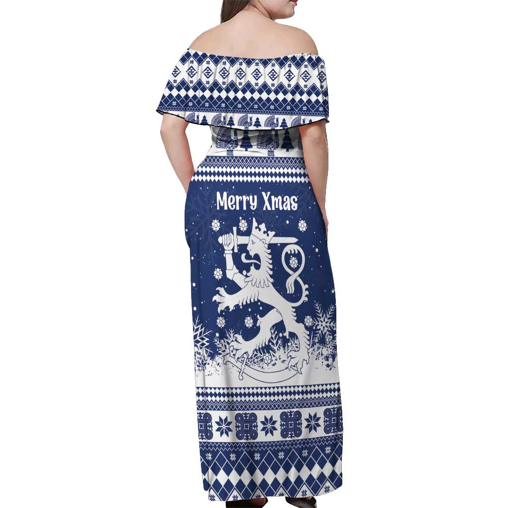 Finland Christmas Hannunvaakuna Off Shoulder Maxi Dress Hyvaa Joulua Nordic Snow Lion Blue Version - Wonder Print Shop
