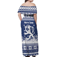 Finland Christmas Hannunvaakuna Off Shoulder Maxi Dress Hyvaa Joulua Nordic Snow Lion Blue Version - Wonder Print Shop
