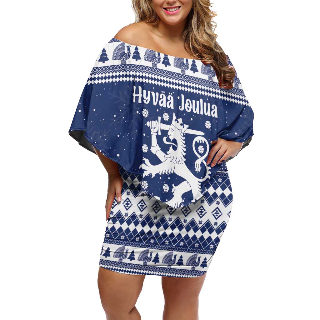 Finland Christmas Hannunvaakuna Off Shoulder Short Dress Hyvaa Joulua Nordic Snow Lion Blue Version - Wonder Print Shop