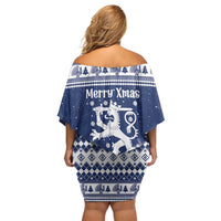 Finland Christmas Hannunvaakuna Off Shoulder Short Dress Hyvaa Joulua Nordic Snow Lion Blue Version - Wonder Print Shop