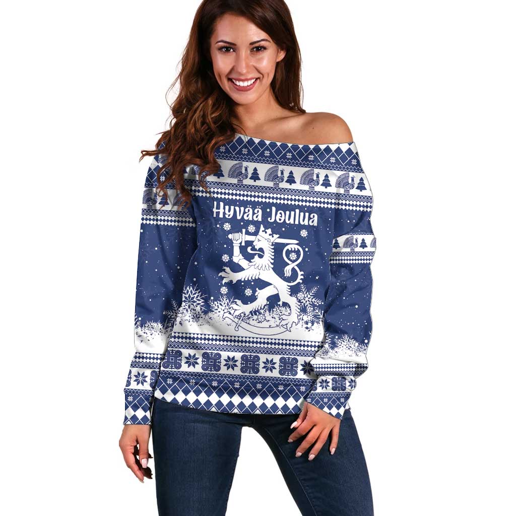 Finland Christmas Hannunvaakuna Off Shoulder Sweater Hyvaa Joulua Nordic Snow Lion Blue Version - Wonder Print Shop