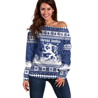 Finland Christmas Hannunvaakuna Off Shoulder Sweater Hyvaa Joulua Nordic Snow Lion Blue Version - Wonder Print Shop