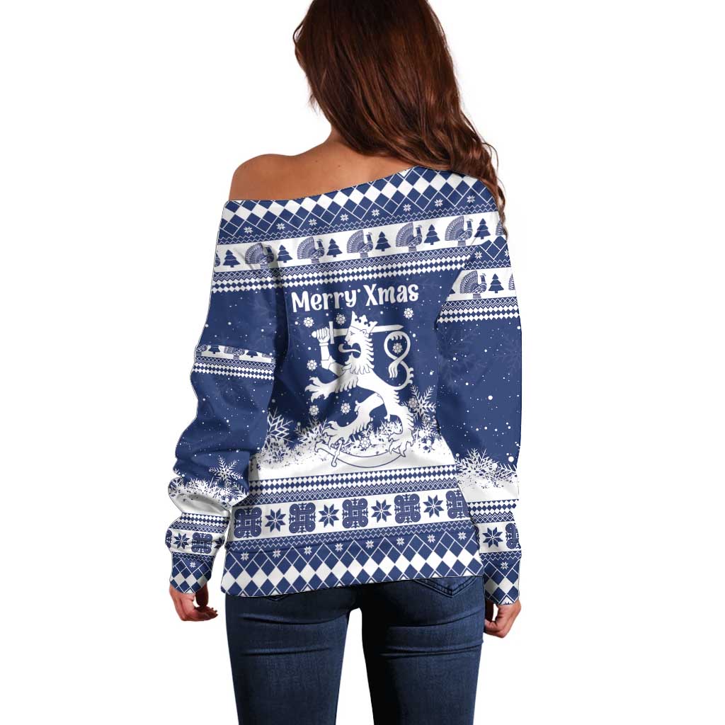 Finland Christmas Hannunvaakuna Off Shoulder Sweater Hyvaa Joulua Nordic Snow Lion Blue Version - Wonder Print Shop