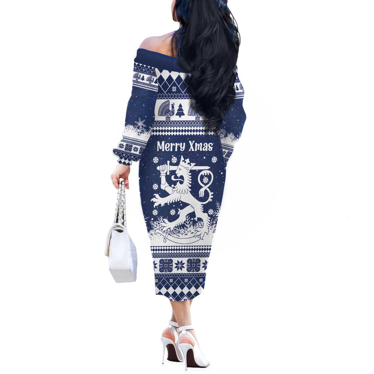 Finland Christmas Hannunvaakuna Off The Shoulder Long Sleeve Dress Hyvaa Joulua Nordic Snow Lion Blue Version - Wonder Print Shop