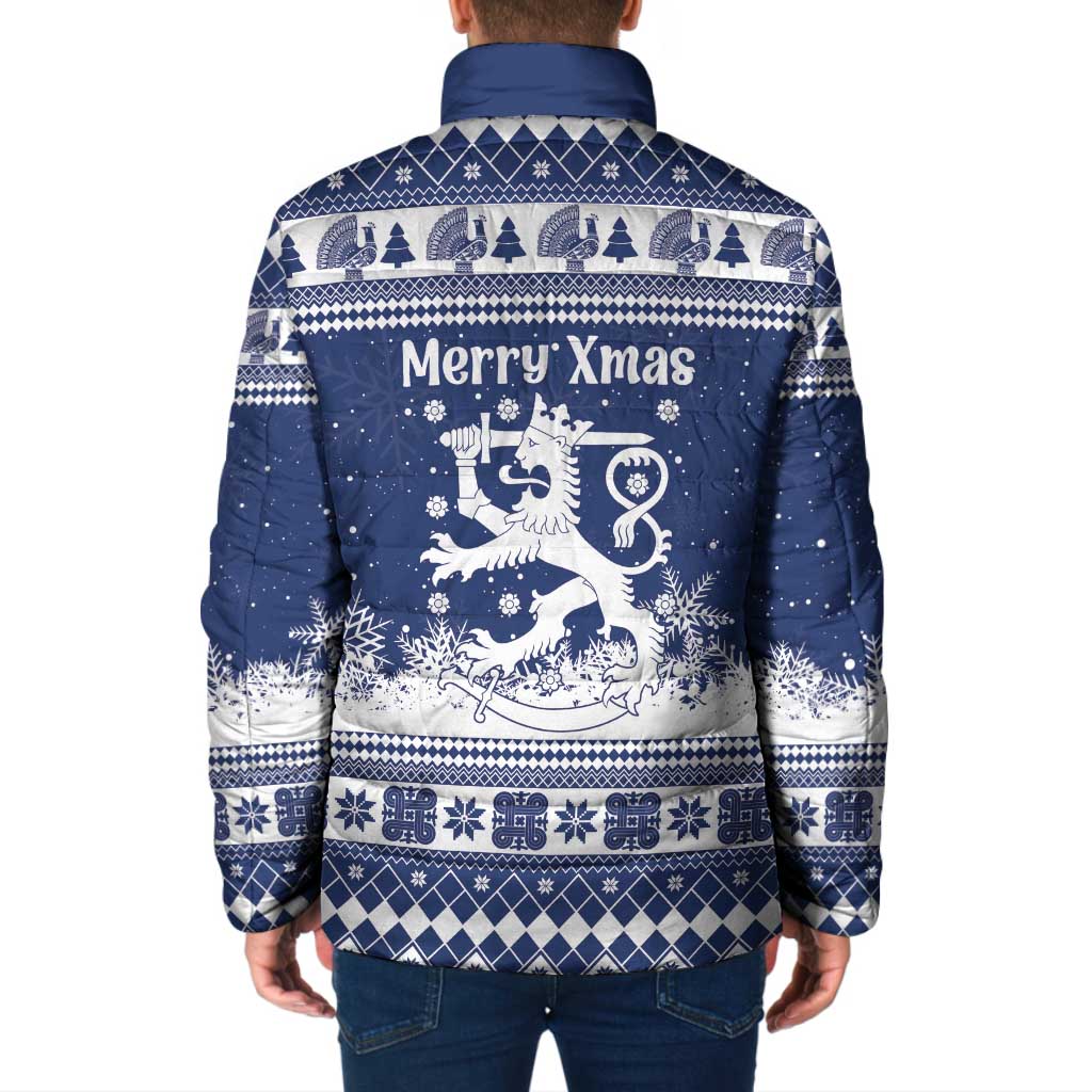 Finland Christmas Hannunvaakuna Padded Jacket Hyvaa Joulua Nordic Snow Lion Blue Version - Wonder Print Shop