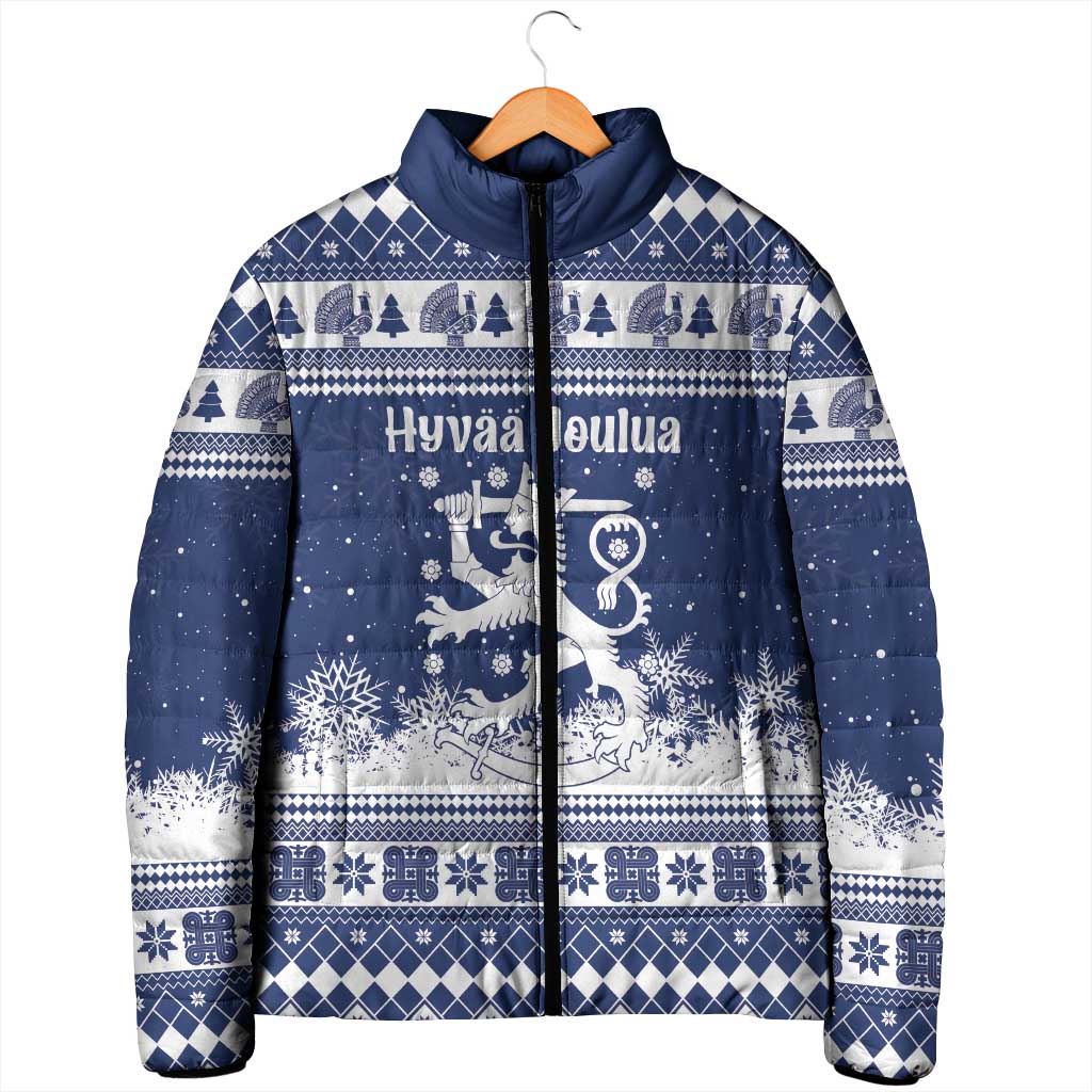 Finland Christmas Hannunvaakuna Padded Jacket Hyvaa Joulua Nordic Snow Lion Blue Version - Wonder Print Shop