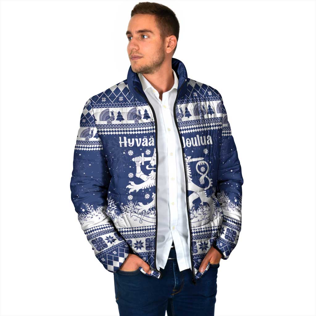 Finland Christmas Hannunvaakuna Padded Jacket Hyvaa Joulua Nordic Snow Lion Blue Version - Wonder Print Shop