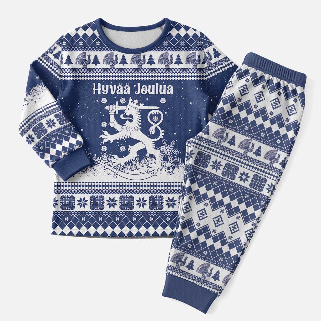 Finland Christmas Hannunvaakuna Christmas Pajama Set Hyvaa Joulua Nordic Snow Lion Blue Version - Wonder Print Shop