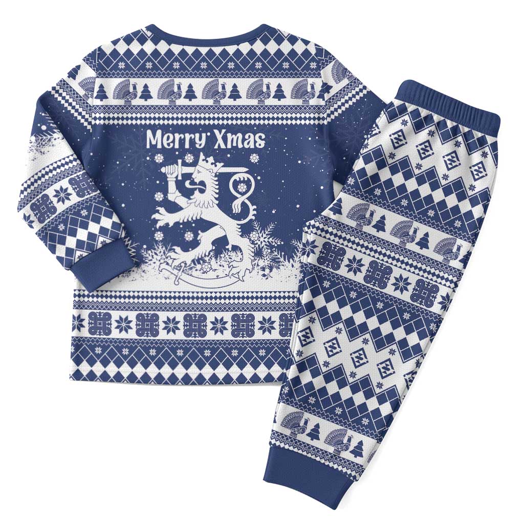 Finland Christmas Hannunvaakuna Christmas Pajama Set Hyvaa Joulua Nordic Snow Lion Blue Version - Wonder Print Shop