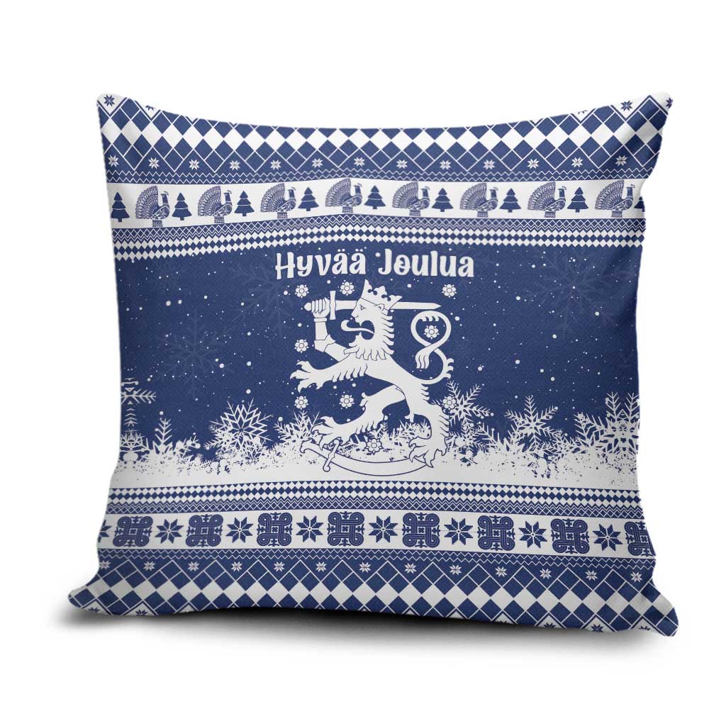 Finland Christmas Hannunvaakuna Pillow Cover Hyvaa Joulua Nordic Snow Lion Blue Version - Wonder Print Shop