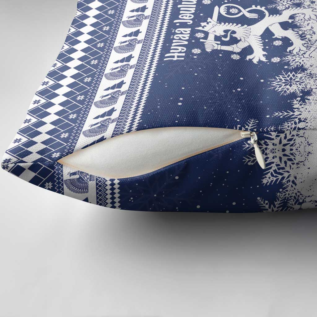 Finland Christmas Hannunvaakuna Pillow Cover Hyvaa Joulua Nordic Snow Lion Blue Version - Wonder Print Shop