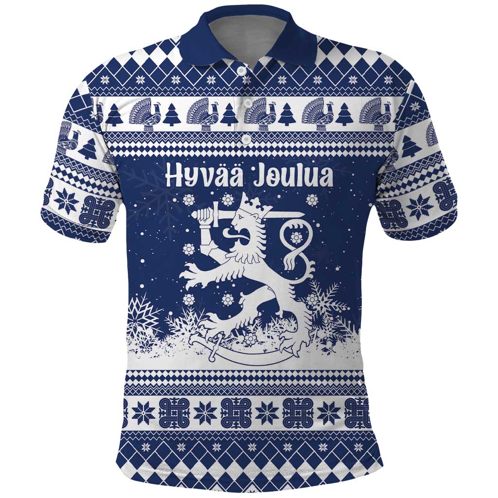 Finland Christmas Hannunvaakuna Polo Shirt Hyvaa Joulua Nordic Snow Lion Blue Version - Wonder Print Shop