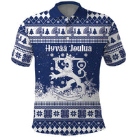 Finland Christmas Hannunvaakuna Polo Shirt Hyvaa Joulua Nordic Snow Lion Blue Version - Wonder Print Shop
