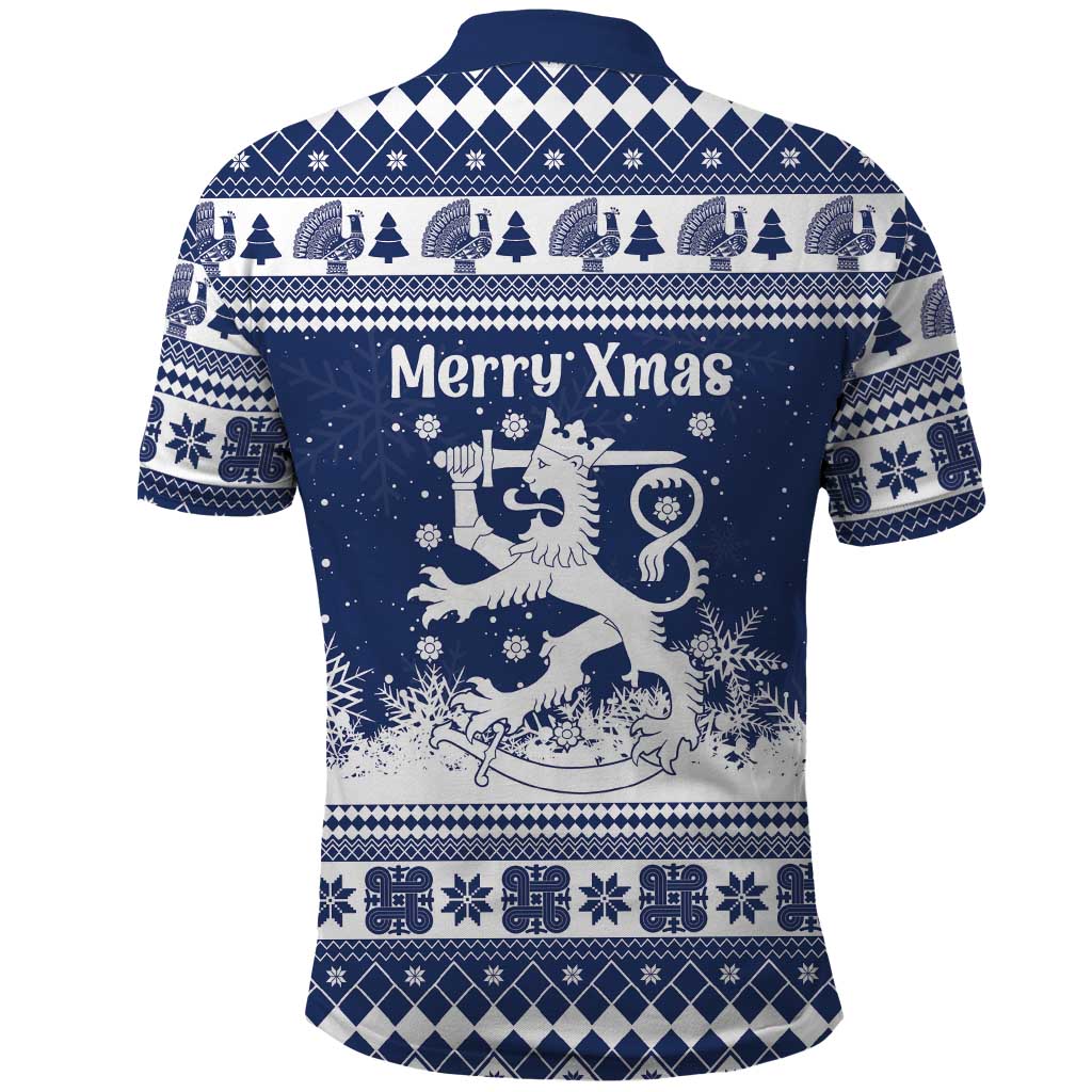 Finland Christmas Hannunvaakuna Polo Shirt Hyvaa Joulua Nordic Snow Lion Blue Version - Wonder Print Shop