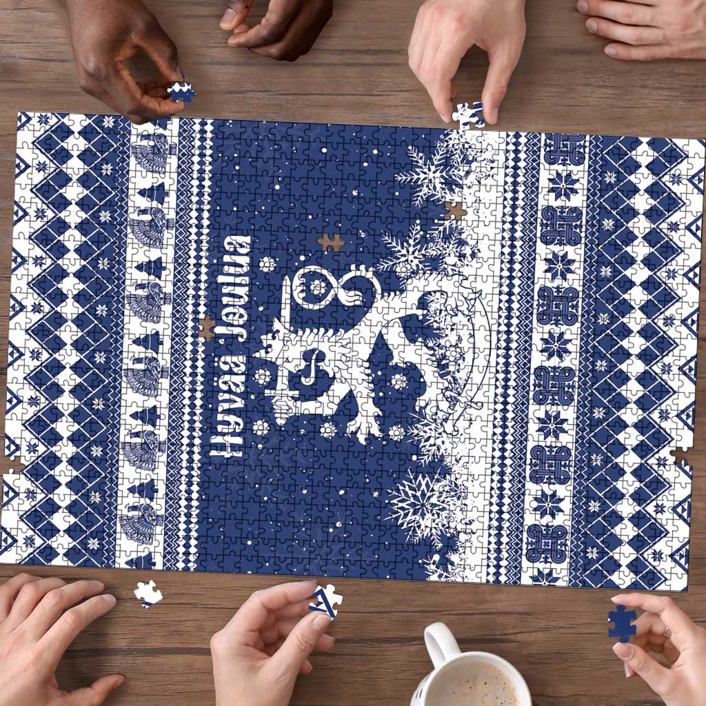 Finland Christmas Hannunvaakuna Puzzle Hyvaa Joulua Nordic Snow Lion Blue Version - Wonder Print Shop