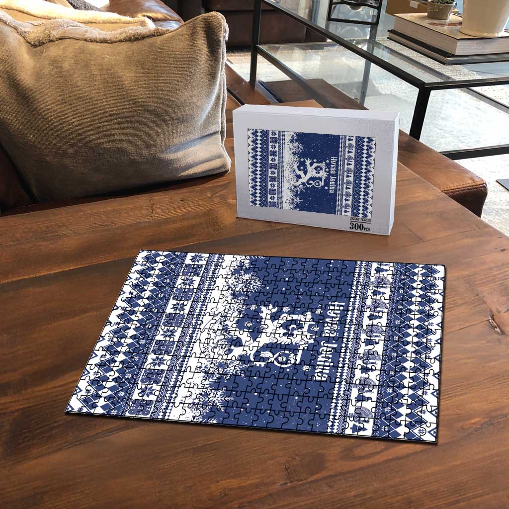 Finland Christmas Hannunvaakuna Puzzle Hyvaa Joulua Nordic Snow Lion Blue Version - Wonder Print Shop