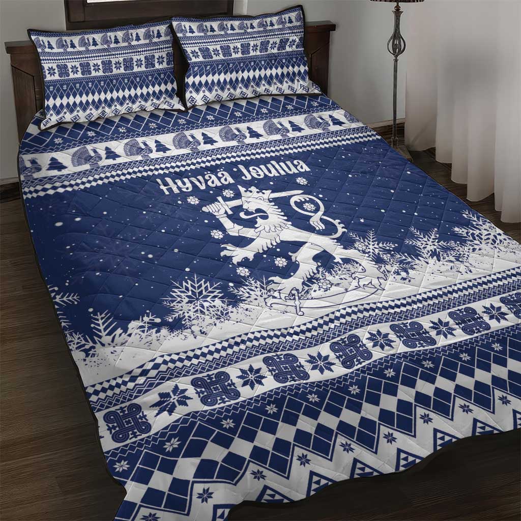 Finland Christmas Hannunvaakuna Quilt Bed Set Hyvaa Joulua Nordic Snow Lion Blue Version - Wonder Print Shop