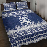 Finland Christmas Hannunvaakuna Quilt Bed Set Hyvaa Joulua Nordic Snow Lion Blue Version - Wonder Print Shop