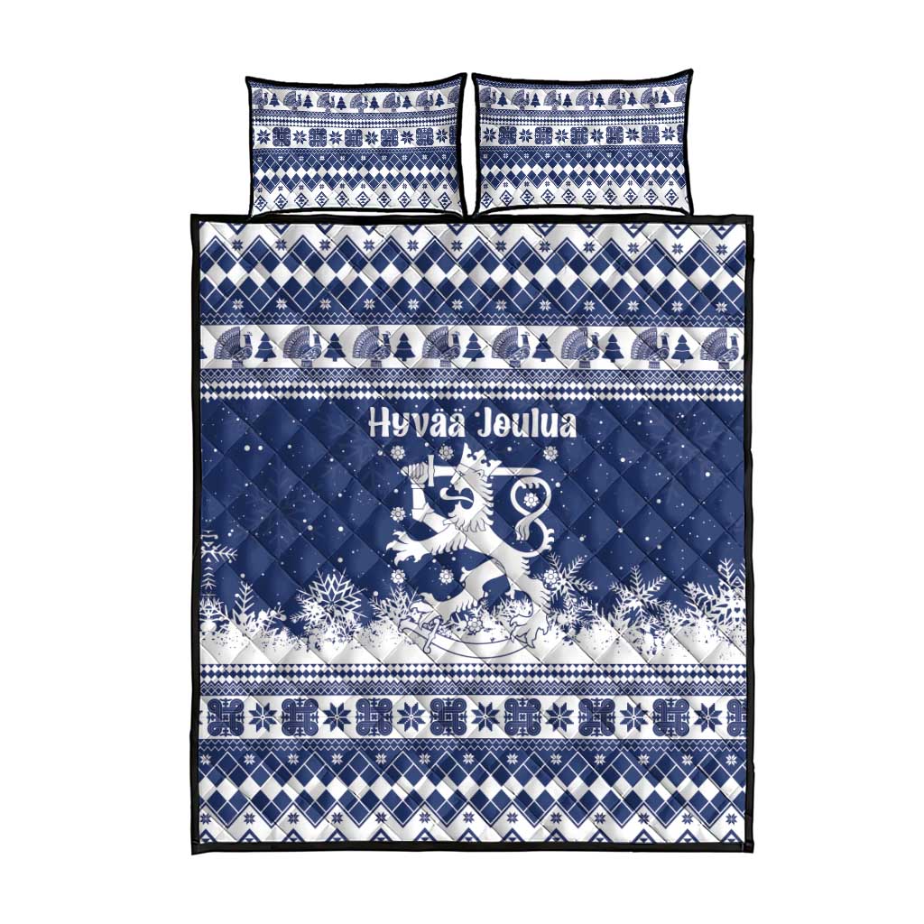 Finland Christmas Hannunvaakuna Quilt Bed Set Hyvaa Joulua Nordic Snow Lion Blue Version - Wonder Print Shop
