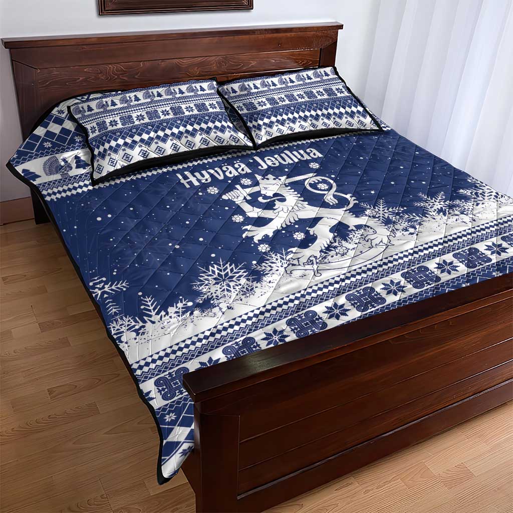 Finland Christmas Hannunvaakuna Quilt Bed Set Hyvaa Joulua Nordic Snow Lion Blue Version - Wonder Print Shop