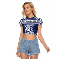 Finland Christmas Hannunvaakuna Raglan Cropped T Shirt Hyvaa Joulua Nordic Snow Lion Blue Version - Wonder Print Shop