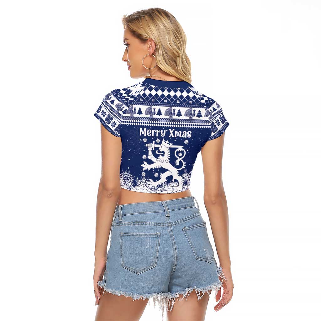 Finland Christmas Hannunvaakuna Raglan Cropped T Shirt Hyvaa Joulua Nordic Snow Lion Blue Version - Wonder Print Shop