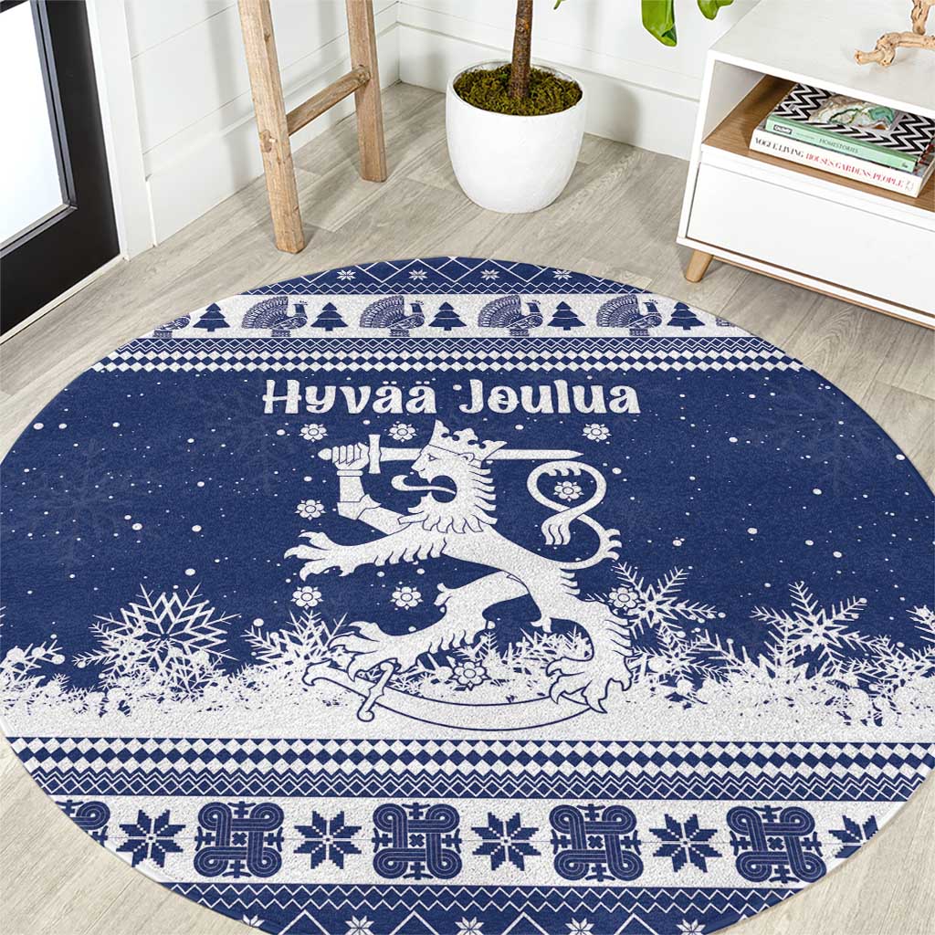 Finland Christmas Hannunvaakuna Round Carpet Hyvaa Joulua Nordic Snow Lion Blue Version - Wonder Print Shop