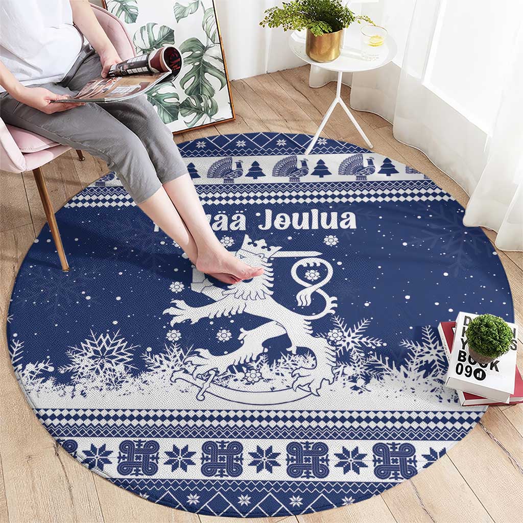 Finland Christmas Hannunvaakuna Round Carpet Hyvaa Joulua Nordic Snow Lion Blue Version - Wonder Print Shop
