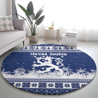 Finland Christmas Hannunvaakuna Round Carpet Hyvaa Joulua Nordic Snow Lion Blue Version - Wonder Print Shop