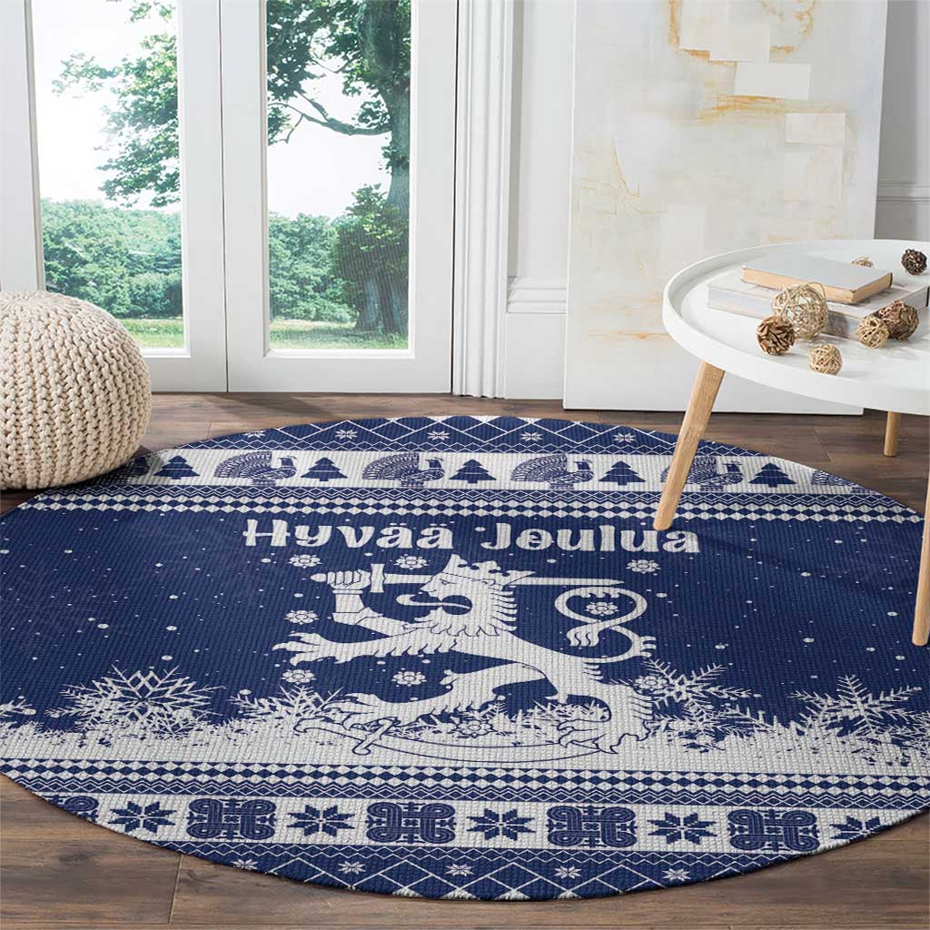 Finland Christmas Hannunvaakuna Round Carpet Hyvaa Joulua Nordic Snow Lion Blue Version - Wonder Print Shop