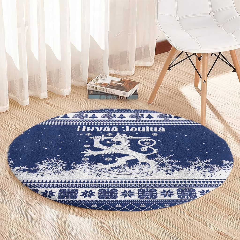 Finland Christmas Hannunvaakuna Round Carpet Hyvaa Joulua Nordic Snow Lion Blue Version - Wonder Print Shop