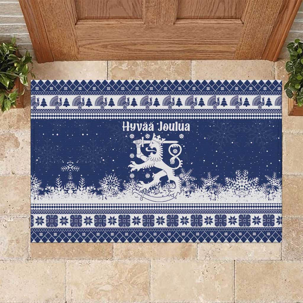 Finland Christmas Hannunvaakuna Rubber Doormat Hyvaa Joulua Nordic Snow Lion Blue Version - Wonder Print Shop