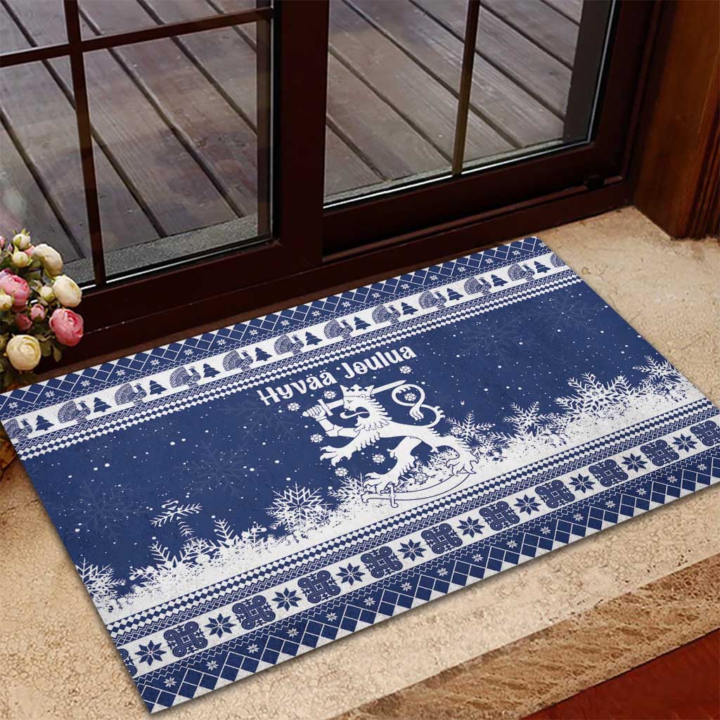 Finland Christmas Hannunvaakuna Rubber Doormat Hyvaa Joulua Nordic Snow Lion Blue Version - Wonder Print Shop
