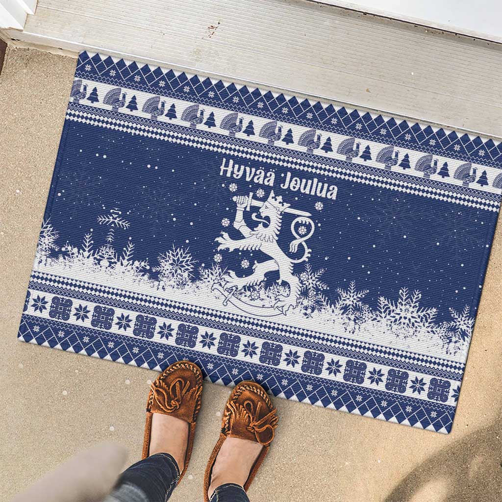 Finland Christmas Hannunvaakuna Rubber Doormat Hyvaa Joulua Nordic Snow Lion Blue Version - Wonder Print Shop