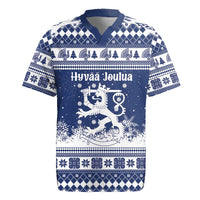 Finland Christmas Hannunvaakuna Rugby Jersey Hyvaa Joulua Nordic Snow Lion Blue Version - Wonder Print Shop