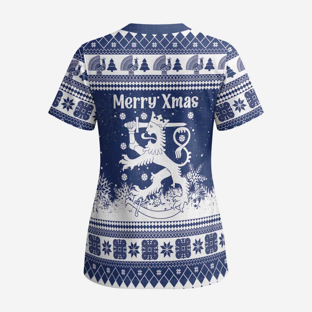 Finland Christmas Hannunvaakuna Scrub Top Hyvaa Joulua Nordic Snow Lion Blue Version - Wonder Print Shop