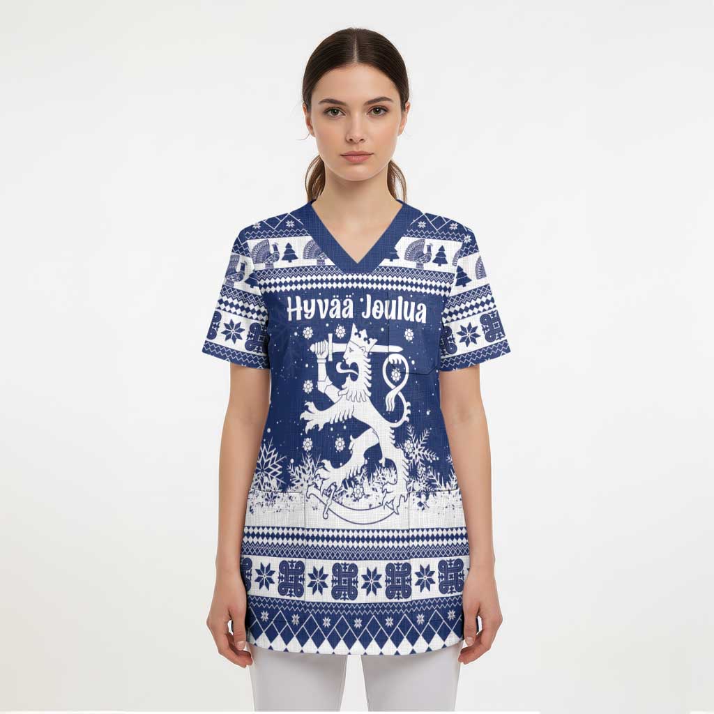 Finland Christmas Hannunvaakuna Scrub Top Hyvaa Joulua Nordic Snow Lion Blue Version - Wonder Print Shop