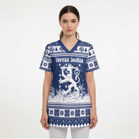 Finland Christmas Hannunvaakuna Scrub Top Hyvaa Joulua Nordic Snow Lion Blue Version - Wonder Print Shop